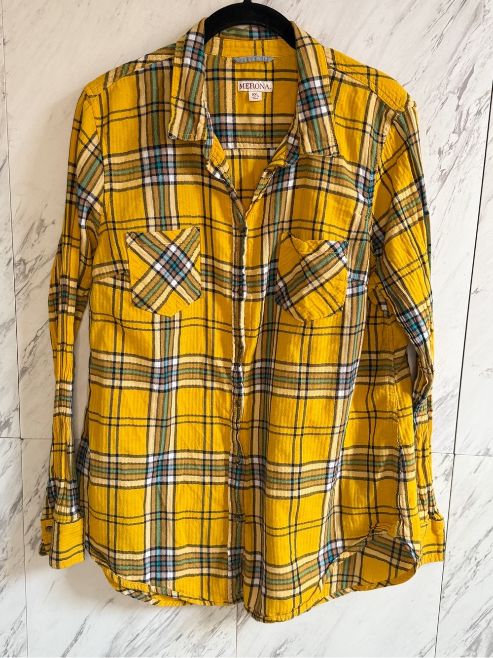 3/$50 Merona 100 Cotton Yellow Plaid Flannel Button Down Shirt Womens XXL Pocket